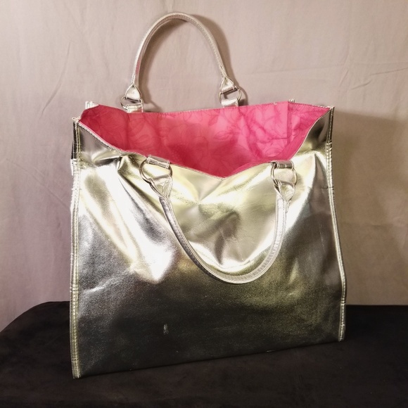 Handbags - Silver Metallic Tote with Pink Floral interior